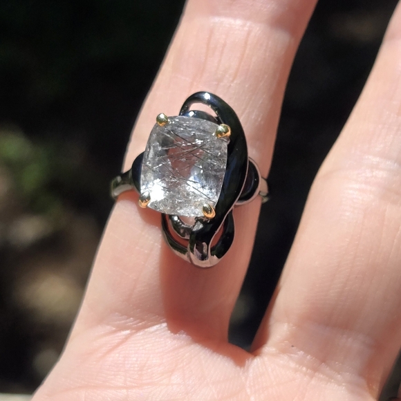 Rutilated Quartz 5k emerald cushion cut sterling rhodium & gold ring sz9 - Picture 4 of 9